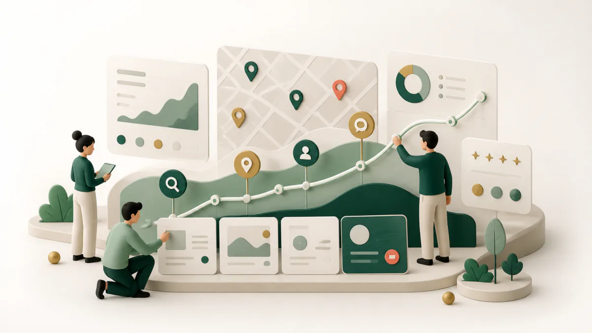 SEO・MEOとデータ分析で成果を育てるチームのイラスト
